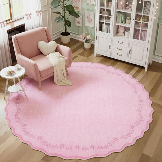 Large Round Rug 8ft Scalloped Washable Circle Living Room Rug