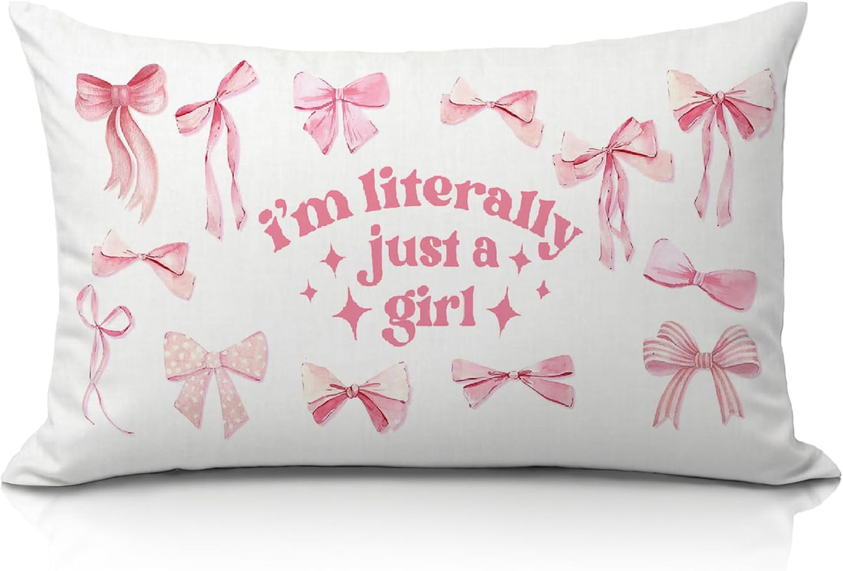Coquette Bow Pink 12x20 Pillow Cover, Girly Room Decor Aesthetic, Preppy I'm Literally Just a Girl Lumbar Pillow Covers Decorative for Girls Bedroom College Dorm Apartment Sofa Couch