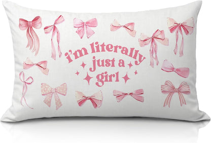Coquette Bow Pink 12x20 Pillow Cover, Girly Room Decor Aesthetic, Preppy I'm Literally Just a Girl Lumbar Pillow Covers Decorative for Girls Bedroom College Dorm Apartment Sofa Couch