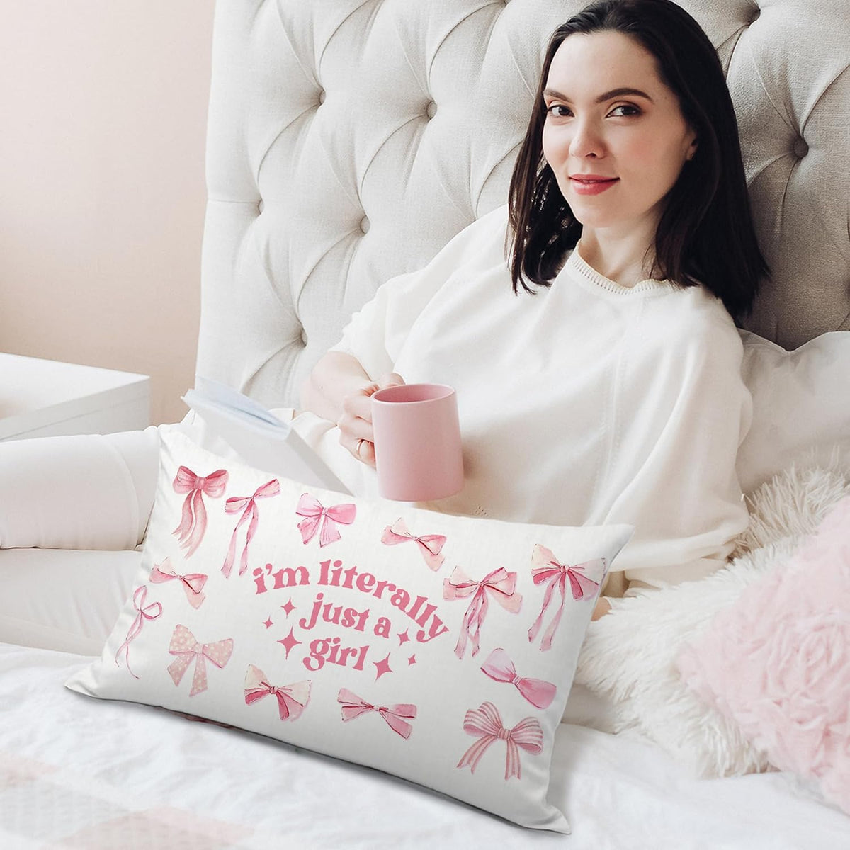 Coquette Bow Pink 12x20 Pillow Cover, Girly Room Decor Aesthetic, Preppy I'm Literally Just a Girl Lumbar Pillow Covers Decorative for Girls Bedroom College Dorm Apartment Sofa Couch