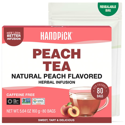 Peach Tea Bags (80 Count) Non-GMO, Caffeine-Free - Peach, Hibiscus, Cinnamon, Cloves, Ginger | Floral & Refreshing Herbal Tea Bags, Brew Iced Tea or Hot Tea