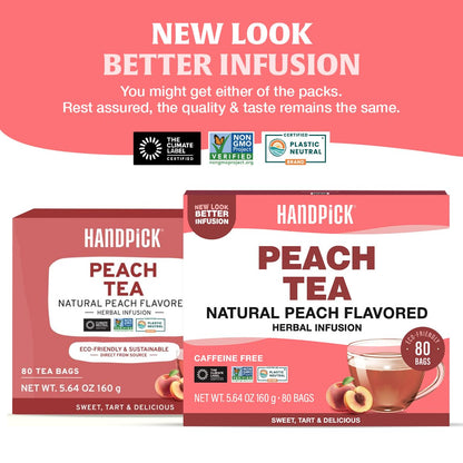 Peach Tea Bags (80 Count) Non-GMO, Caffeine-Free - Peach, Hibiscus, Cinnamon, Cloves, Ginger | Floral & Refreshing Herbal Tea Bags, Brew Iced Tea or Hot Tea