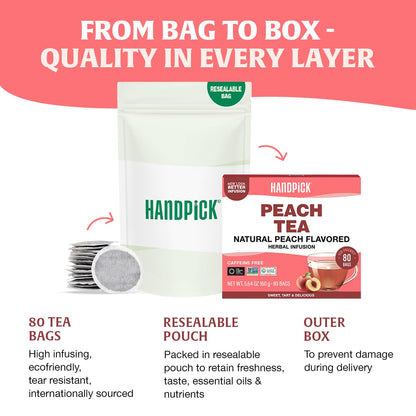 Peach Tea Bags (80 Count) Non-GMO, Caffeine-Free - Peach, Hibiscus, Cinnamon, Cloves, Ginger | Floral & Refreshing Herbal Tea Bags, Brew Iced Tea or Hot Tea