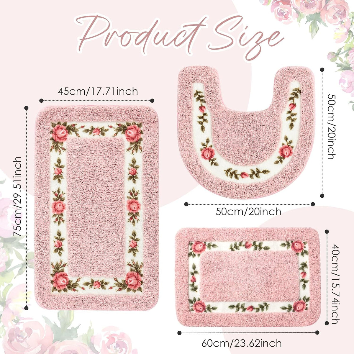 3 Pcs Rose Flowers Bathroom Rugs Set Coquette Room Decor Floral Carpet for Bathroom Bedroom Living Room, Floral Bath Mat Non Skid Romantic Rose Flower Area Rugs 3 Shapes(Pink,Small)