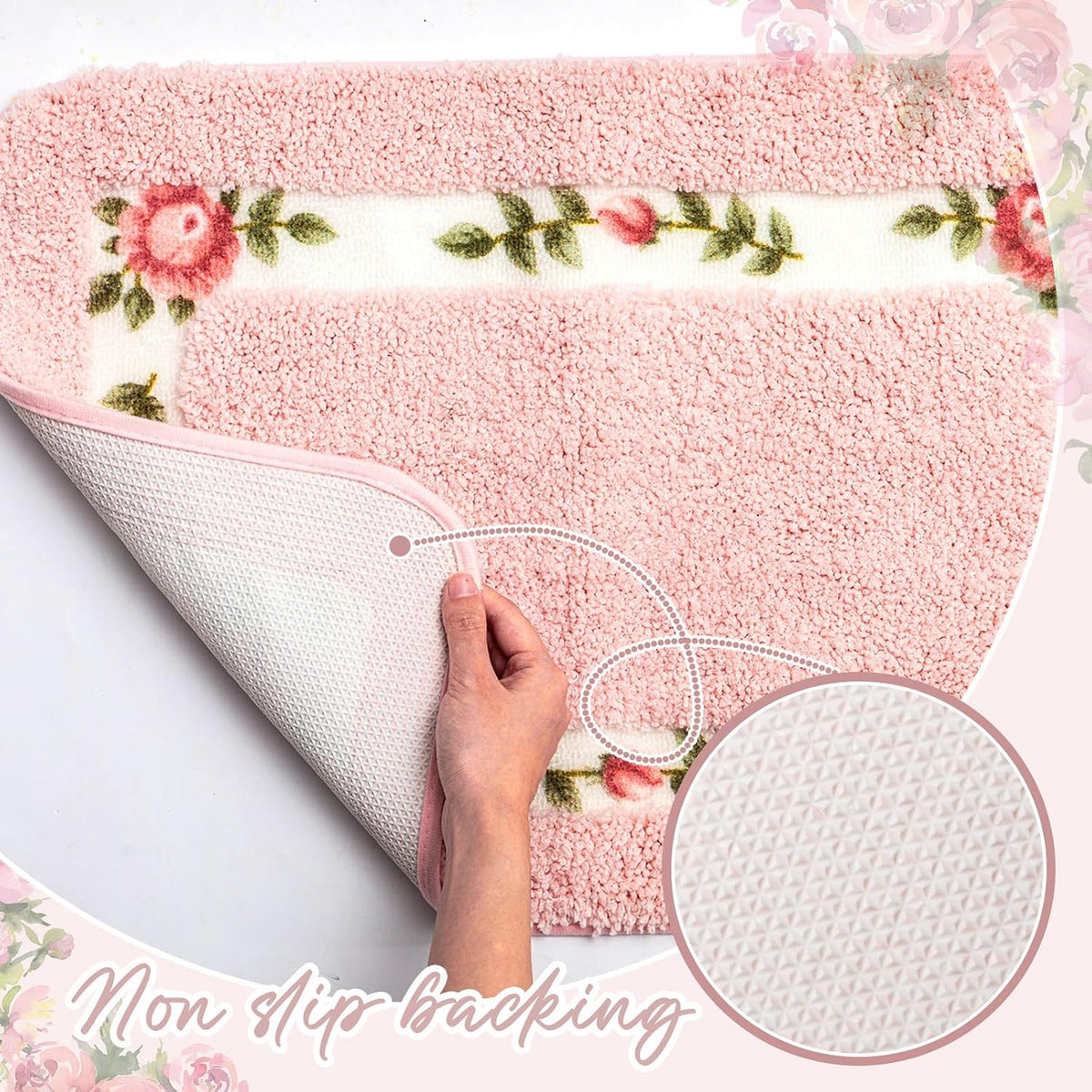3 Pcs Rose Flowers Bathroom Rugs Set Coquette Room Decor Floral Carpet for Bathroom Bedroom Living Room, Floral Bath Mat Non Skid Romantic Rose Flower Area Rugs 3 Shapes(Pink,Small)