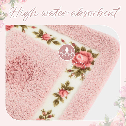 3 Pcs Rose Flowers Bathroom Rugs Set Coquette Room Decor Floral Carpet for Bathroom Bedroom Living Room, Floral Bath Mat Non Skid Romantic Rose Flower Area Rugs 3 Shapes(Pink,Small)