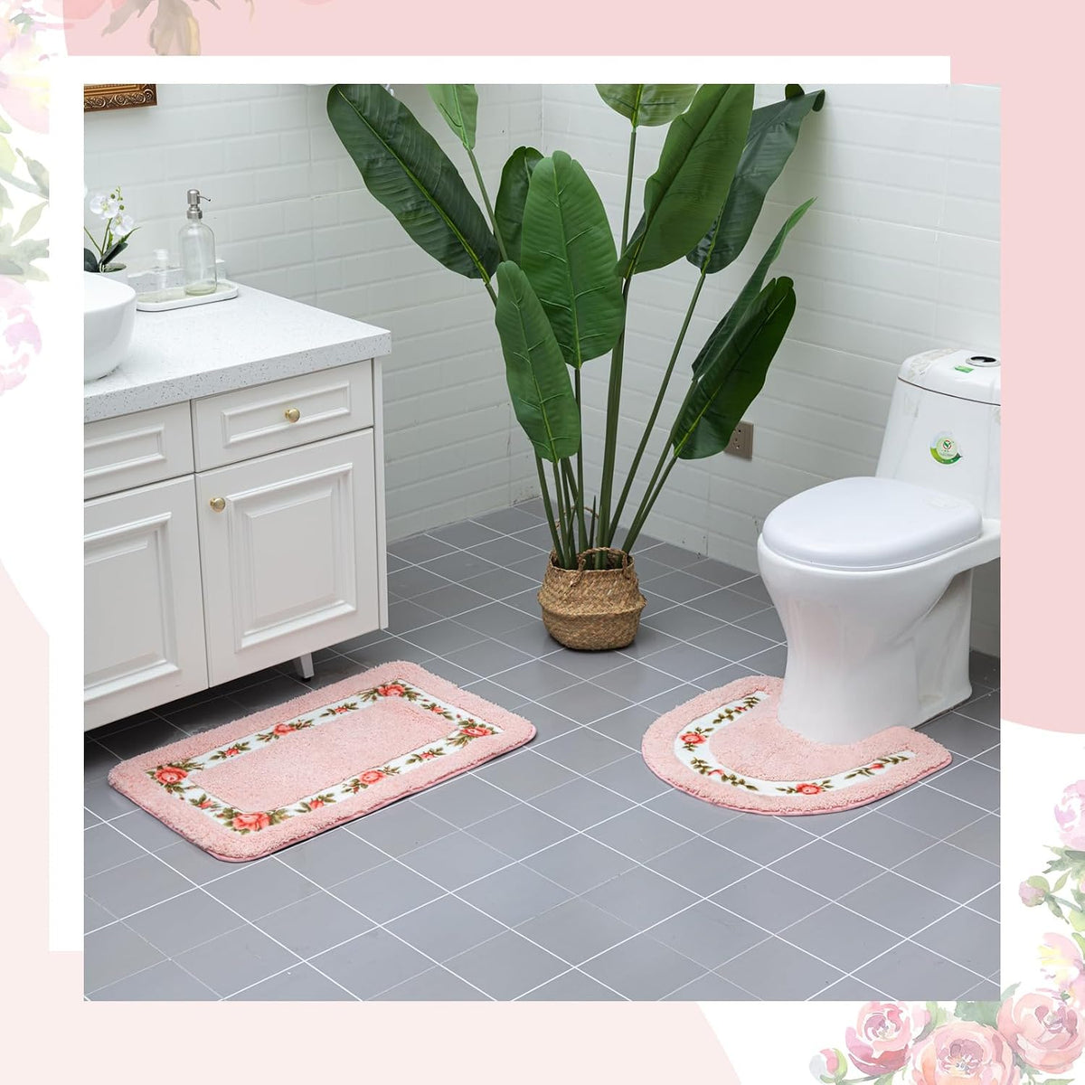 3 Pcs Rose Flowers Bathroom Rugs Set Coquette Room Decor Floral Carpet for Bathroom Bedroom Living Room, Floral Bath Mat Non Skid Romantic Rose Flower Area Rugs 3 Shapes(Pink,Small)