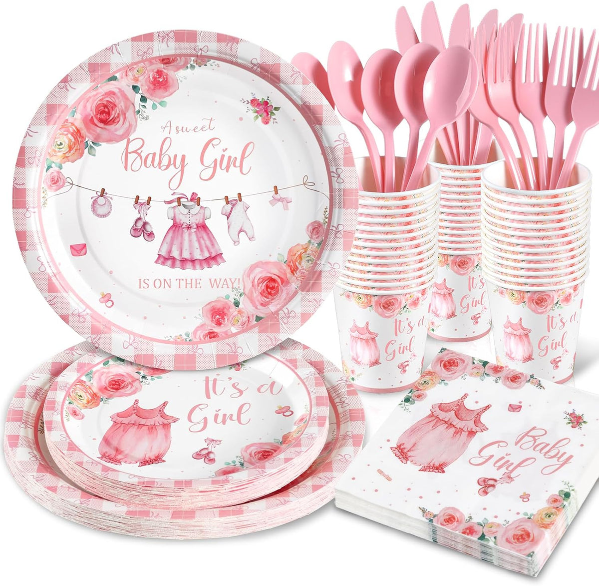 168Pcs Baby Shower Decorations for Girl, Pink Floral Baby Shower Party Tableware Serves 24,A Sweet Little Girl is on The Way Plates Sets for Gender Reveal Birthday Party Decorations