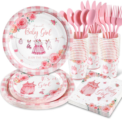 168Pcs Baby Shower Decorations for Girl, Pink Floral Baby Shower Party Tableware Serves 24,A Sweet Little Girl is on The Way Plates Sets for Gender Reveal Birthday Party Decorations