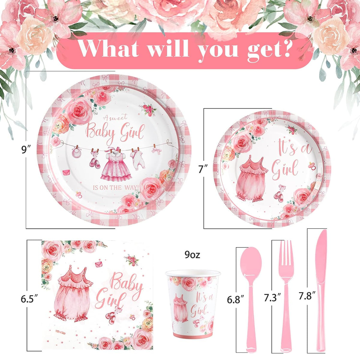 168Pcs Baby Shower Decorations for Girl, Pink Floral Baby Shower Party Tableware Serves 24,A Sweet Little Girl is on The Way Plates Sets for Gender Reveal Birthday Party Decorations
