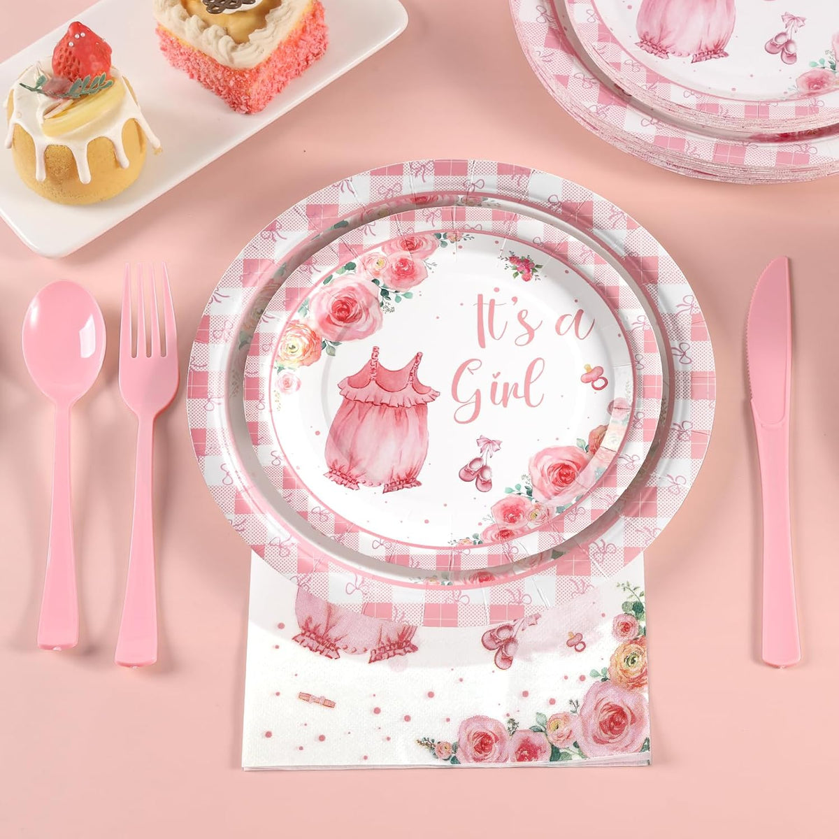 168Pcs Baby Shower Decorations for Girl, Pink Floral Baby Shower Party Tableware Serves 24,A Sweet Little Girl is on The Way Plates Sets for Gender Reveal Birthday Party Decorations