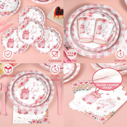 168Pcs Baby Shower Decorations for Girl, Pink Floral Baby Shower Party Tableware Serves 24,A Sweet Little Girl is on The Way Plates Sets for Gender Reveal Birthday Party Decorations