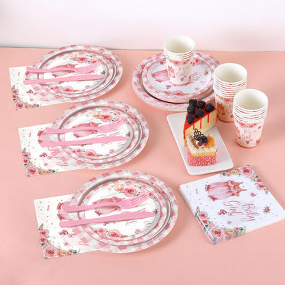 168Pcs Baby Shower Decorations for Girl, Pink Floral Baby Shower Party Tableware Serves 24,A Sweet Little Girl is on The Way Plates Sets for Gender Reveal Birthday Party Decorations