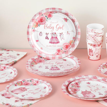 168Pcs Baby Shower Decorations for Girl, Pink Floral Baby Shower Party Tableware Serves 24,A Sweet Little Girl is on The Way Plates Sets for Gender Reveal Birthday Party Decorations