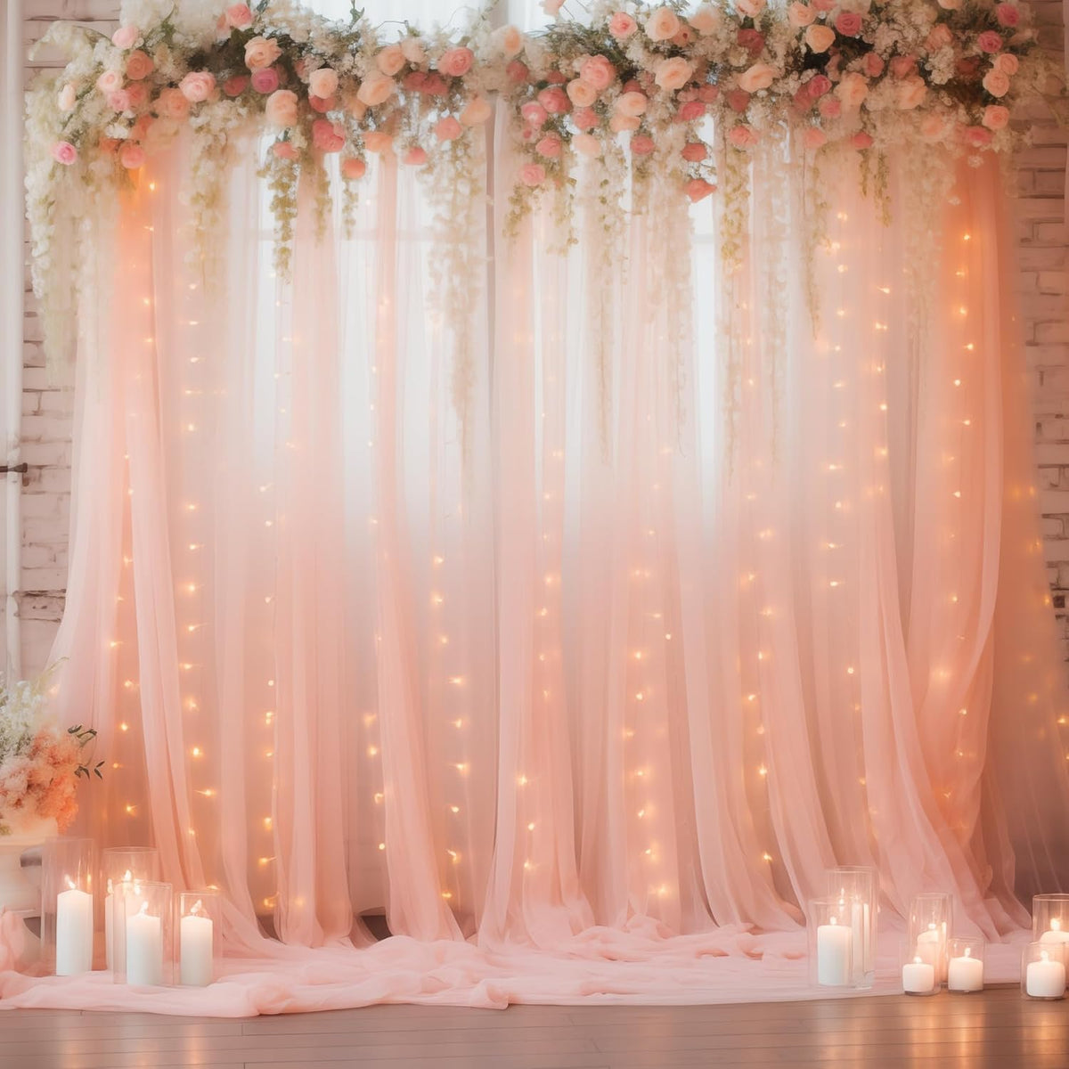 10×8ft Peach Tulle Curtain Backdrop with Lights String for Parites, Sheer Backdrop Curtain Drapes for Wedding Photo Baby Shower Photography Birthday Party