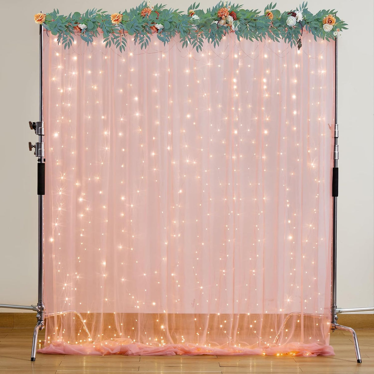 10×8ft Peach Tulle Curtain Backdrop with Lights String for Parites, Sheer Backdrop Curtain Drapes for Wedding Photo Baby Shower Photography Birthday Party