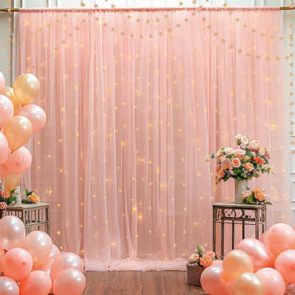 10×8ft Peach Tulle Curtain Backdrop with Lights String for Parites, Sheer Backdrop Curtain Drapes for Wedding Photo Baby Shower Photography Birthday Party