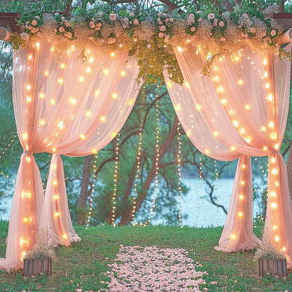10×8ft Peach Tulle Curtain Backdrop with Lights String for Parites, Sheer Backdrop Curtain Drapes for Wedding Photo Baby Shower Photography Birthday Party