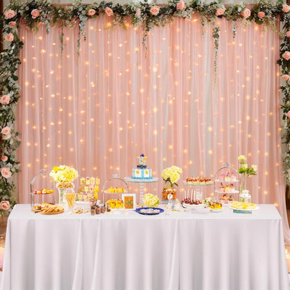 10×8ft Peach Tulle Curtain Backdrop with Lights String for Parites, Sheer Backdrop Curtain Drapes for Wedding Photo Baby Shower Photography Birthday Party