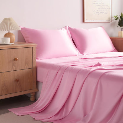 Queen Pink Satin Sheet Set - Luxury Soft Silky Bed Sheets Set for Hair and Skin, 4 Pieces Bed Set with 15" Deep Pocket Fitted Sheet, Flat Sheet & 2 Pillowcase, Non-Fading Wrinkle Resistant