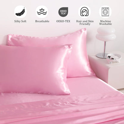 Queen Pink Satin Sheet Set - Luxury Soft Silky Bed Sheets Set for Hair and Skin, 4 Pieces Bed Set with 15" Deep Pocket Fitted Sheet, Flat Sheet & 2 Pillowcase, Non-Fading Wrinkle Resistant