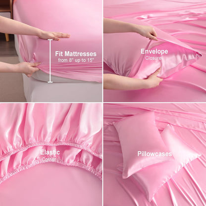 Queen Pink Satin Sheet Set - Luxury Soft Silky Bed Sheets Set for Hair and Skin, 4 Pieces Bed Set with 15" Deep Pocket Fitted Sheet, Flat Sheet & 2 Pillowcase, Non-Fading Wrinkle Resistant