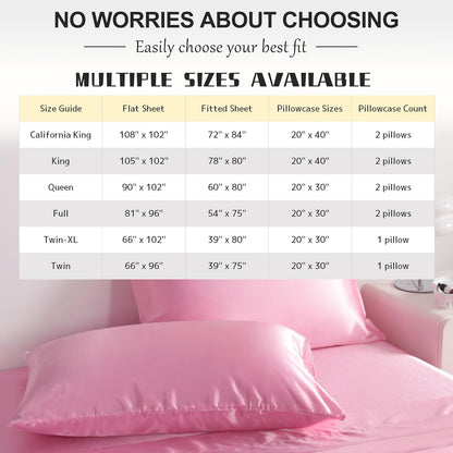 Queen Pink Satin Sheet Set - Luxury Soft Silky Bed Sheets Set for Hair and Skin, 4 Pieces Bed Set with 15" Deep Pocket Fitted Sheet, Flat Sheet & 2 Pillowcase, Non-Fading Wrinkle Resistant