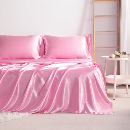 Queen Pink Satin Sheet Set - Luxury Soft Silky Bed Sheets Set for Hair and Skin, 4 Pieces Bed Set with 15" Deep Pocket Fitted Sheet, Flat Sheet & 2 Pillowcase, Non-Fading Wrinkle Resistant