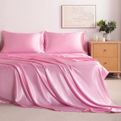 Queen Pink Satin Sheet Set - Luxury Soft Silky Bed Sheets Set for Hair and Skin, 4 Pieces Bed Set with 15" Deep Pocket Fitted Sheet, Flat Sheet & 2 Pillowcase, Non-Fading Wrinkle Resistant