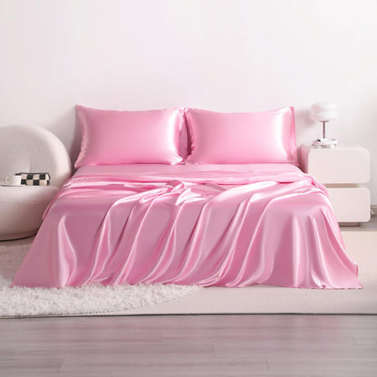 Queen Pink Satin Sheet Set - Luxury Soft Silky Bed Sheets Set for Hair and Skin, 4 Pieces Bed Set with 15" Deep Pocket Fitted Sheet, Flat Sheet & 2 Pillowcase, Non-Fading Wrinkle Resistant