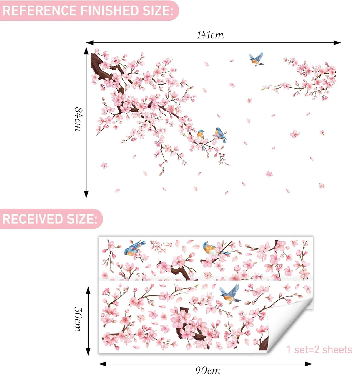 Cherry Blossom Wall Decals, Pink Flower Tree Branch Wall Sticker
