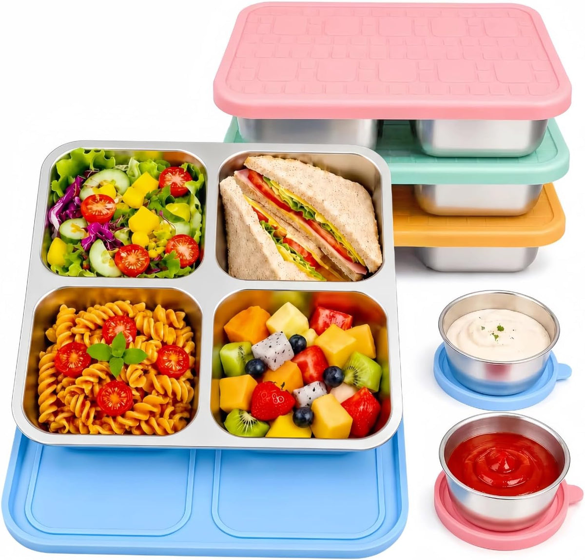 4-Pack Stainless Steel Snack Containers,Reusable lunchable Container,Snack Pack Containers,Bento Box for Kids, Comes with 2 Sauce Cups with Lids