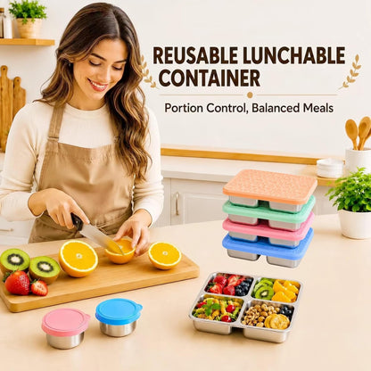 4-Pack Stainless Steel Snack Containers,Reusable lunchable Container,Snack Pack Containers,Bento Box for Kids, Comes with 2 Sauce Cups with Lids