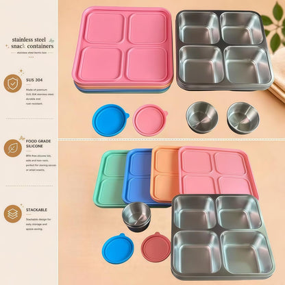 4-Pack Stainless Steel Snack Containers,Reusable lunchable Container,Snack Pack Containers,Bento Box for Kids, Comes with 2 Sauce Cups with Lids