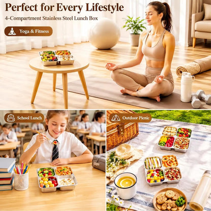 4-Pack Stainless Steel Snack Containers,Reusable lunchable Container,Snack Pack Containers,Bento Box for Kids, Comes with 2 Sauce Cups with Lids