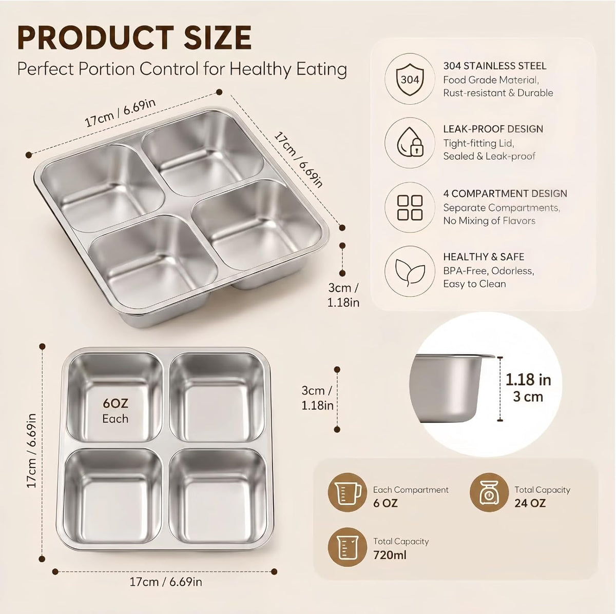 4-Pack Stainless Steel Snack Containers,Reusable lunchable Container,Snack Pack Containers,Bento Box for Kids, Comes with 2 Sauce Cups with Lids