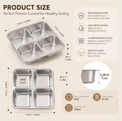4-Pack Stainless Steel Snack Containers,Reusable lunchable Container,Snack Pack Containers,Bento Box for Kids, Comes with 2 Sauce Cups with Lids