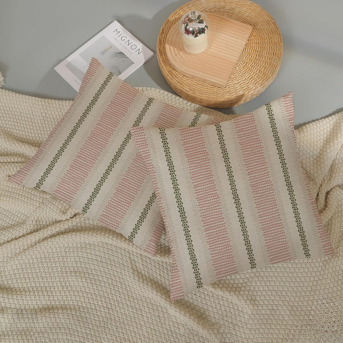 Pink Sage Green Pillow Covers 18x18 Inch 2 Pcs Boho Preppy Polka Dots Striped Decor Throw Pillows Modern Geometric Outdoor Farmhouse Decoration Pillowcase Linen Cushion Cover for Couch Sofa