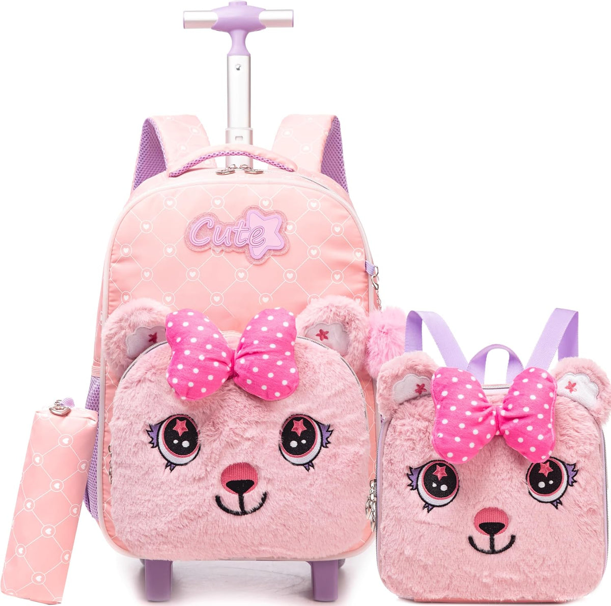 Girls Led Rolling Backpack for Kids Backpacks with Wheels Travel Luggage for Girls Backpacks for Kids with Lunch Box Cute Kawaii Backpack for Elementary