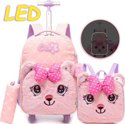 Girls Led Rolling Backpack for Kids Backpacks with Wheels Travel Luggage for Girls Backpacks for Kids with Lunch Box Cute Kawaii Backpack for Elementary