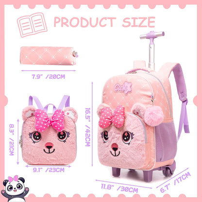 Girls Led Rolling Backpack for Kids Backpacks with Wheels Travel Luggage for Girls Backpacks for Kids with Lunch Box Cute Kawaii Backpack for Elementary