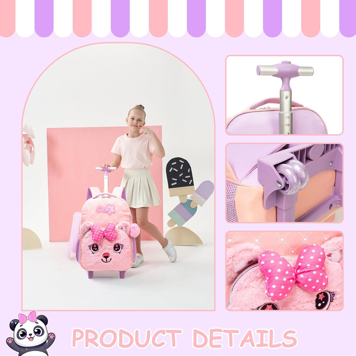 Girls Led Rolling Backpack for Kids Backpacks with Wheels Travel Luggage for Girls Backpacks for Kids with Lunch Box Cute Kawaii Backpack for Elementary