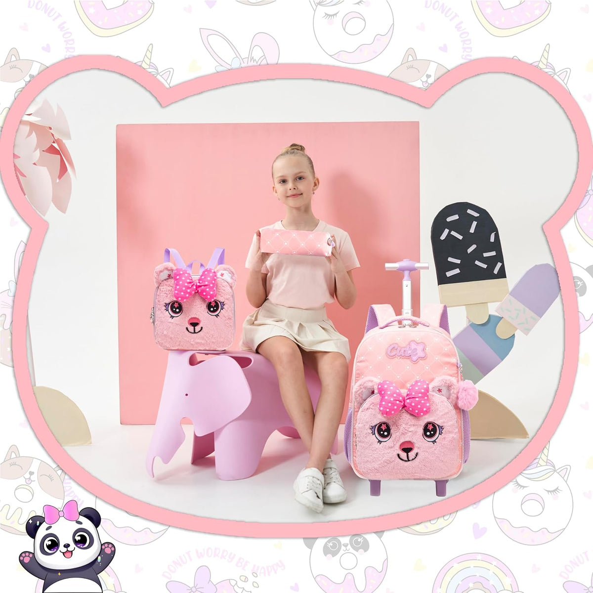 Girls Led Rolling Backpack for Kids Backpacks with Wheels Travel Luggage for Girls Backpacks for Kids with Lunch Box Cute Kawaii Backpack for Elementary
