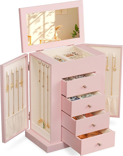 Jewelry Boxes for Women, 5-Layer Large Leather Jewelry Organizer Box with Mirror and Drawers, Jewelry Storage for Necklaces Earrings Rings Bracelets (Pink)