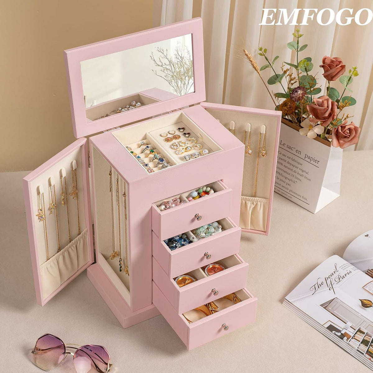 Jewelry Boxes for Women, 5-Layer Large Leather Jewelry Organizer Box with Mirror and Drawers, Jewelry Storage for Necklaces Earrings Rings Bracelets (Pink)