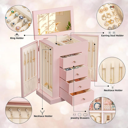 Jewelry Boxes for Women, 5-Layer Large Leather Jewelry Organizer Box with Mirror and Drawers, Jewelry Storage for Necklaces Earrings Rings Bracelets (Pink)