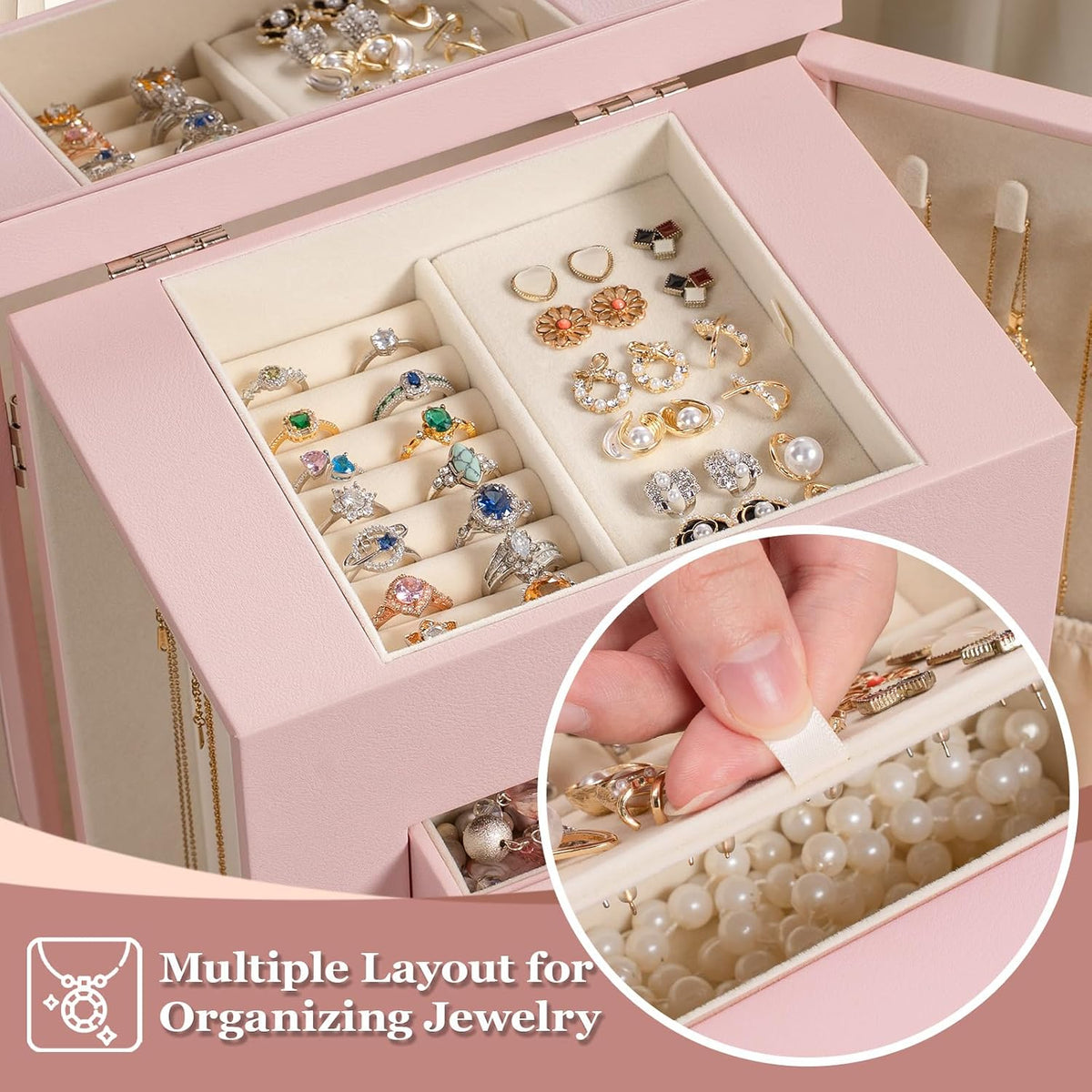 Jewelry Boxes for Women, 5-Layer Large Leather Jewelry Organizer Box with Mirror and Drawers, Jewelry Storage for Necklaces Earrings Rings Bracelets (Pink)