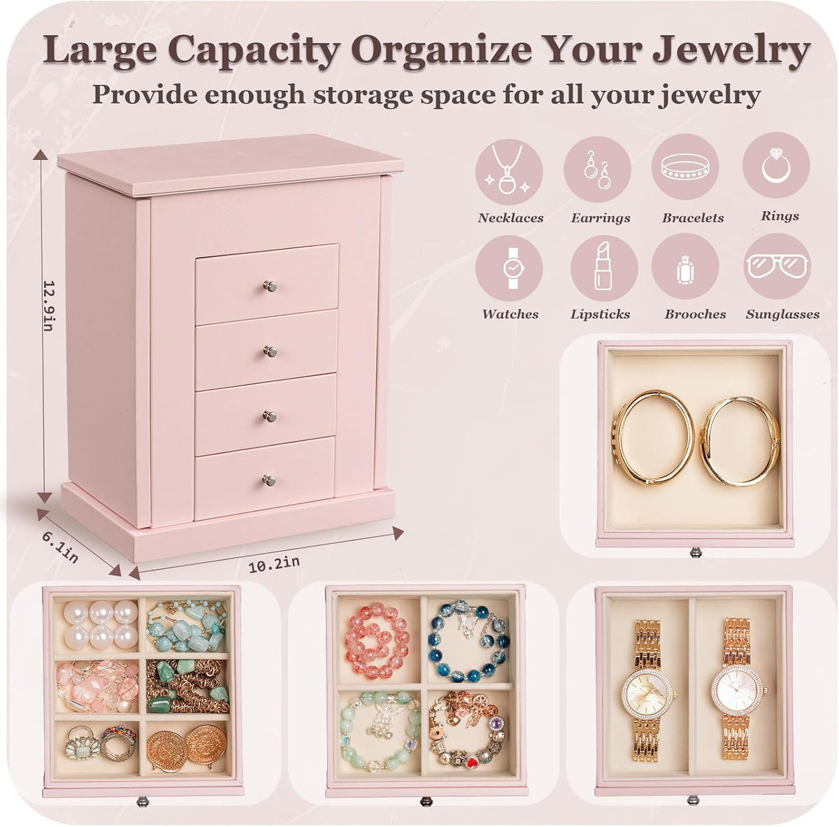 Jewelry Boxes for Women, 5-Layer Large Leather Jewelry Organizer Box with Mirror and Drawers, Jewelry Storage for Necklaces Earrings Rings Bracelets (Pink)