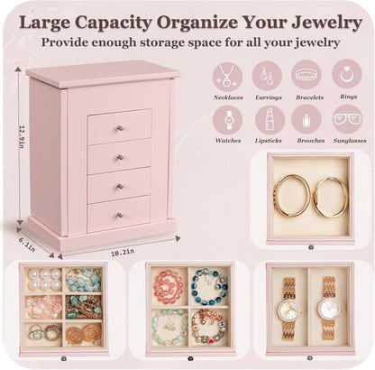 Jewelry Boxes for Women, 5-Layer Large Leather Jewelry Organizer Box with Mirror and Drawers, Jewelry Storage for Necklaces Earrings Rings Bracelets (Pink)