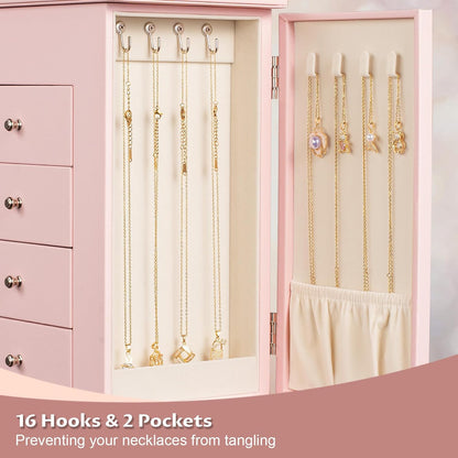Jewelry Boxes for Women, 5-Layer Large Leather Jewelry Organizer Box with Mirror and Drawers, Jewelry Storage for Necklaces Earrings Rings Bracelets (Pink)